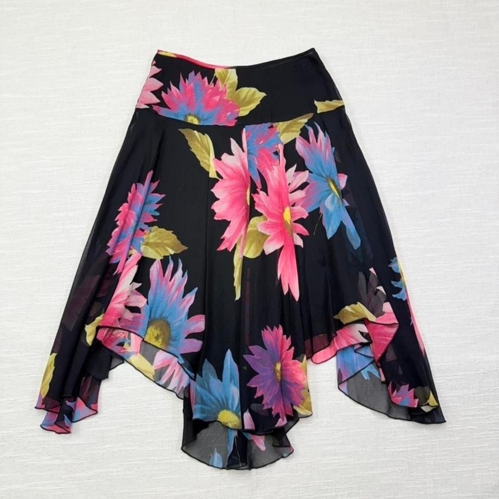 Y2K Floral Chiffon Midi Skirt Asymmetrical Handkerchief Hem Boho Womens S